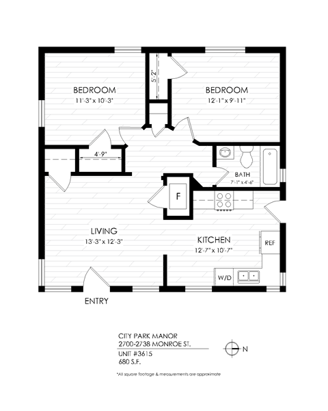 Floor plan for 2 beds, 2 baths, 710 sqft